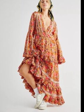 Free people wonderland lace bell sleeve floral maxi dress doen midi maxi rare s